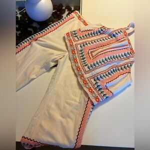 Anthropologie Embroidered Cream Wide-Leg Set with Bright Orange Trim